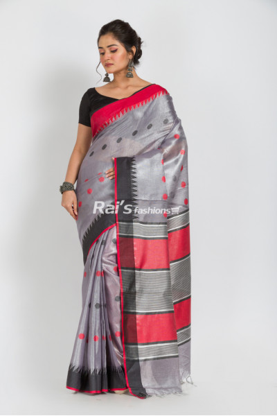 Elegant Look Handweaving Tissue Linen Saree With Contrast Color Temple Pattern Highlighted Border (RAI254)
