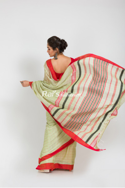 Exclusive Khadi Cotton Weaving Checks With Fine Handweaving Stripes Design Pallu And Contrast Color Border (RAI256)