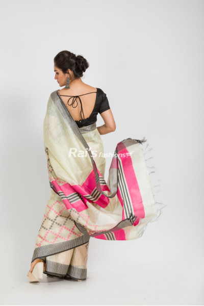 Handloom Tissue Linen Saree With Fine Handweaving Work All Over And Contrast Color Stripes Pallu (RAI261)