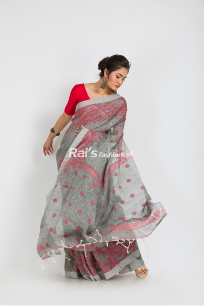 Natural Fabric Linen By Linen With Dhakai Weaving Pattern Border Work Designed Saree (RAI259)