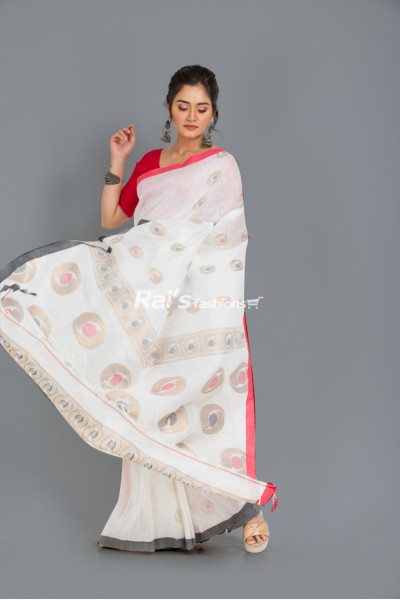 Organic Linen Saree With Fine Handweaving Butta Work All Over And Contrast Color Border (RAI260)