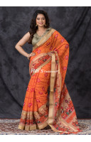 All Over Digital Printed Orange Cotton Silk Saree (KR1283)