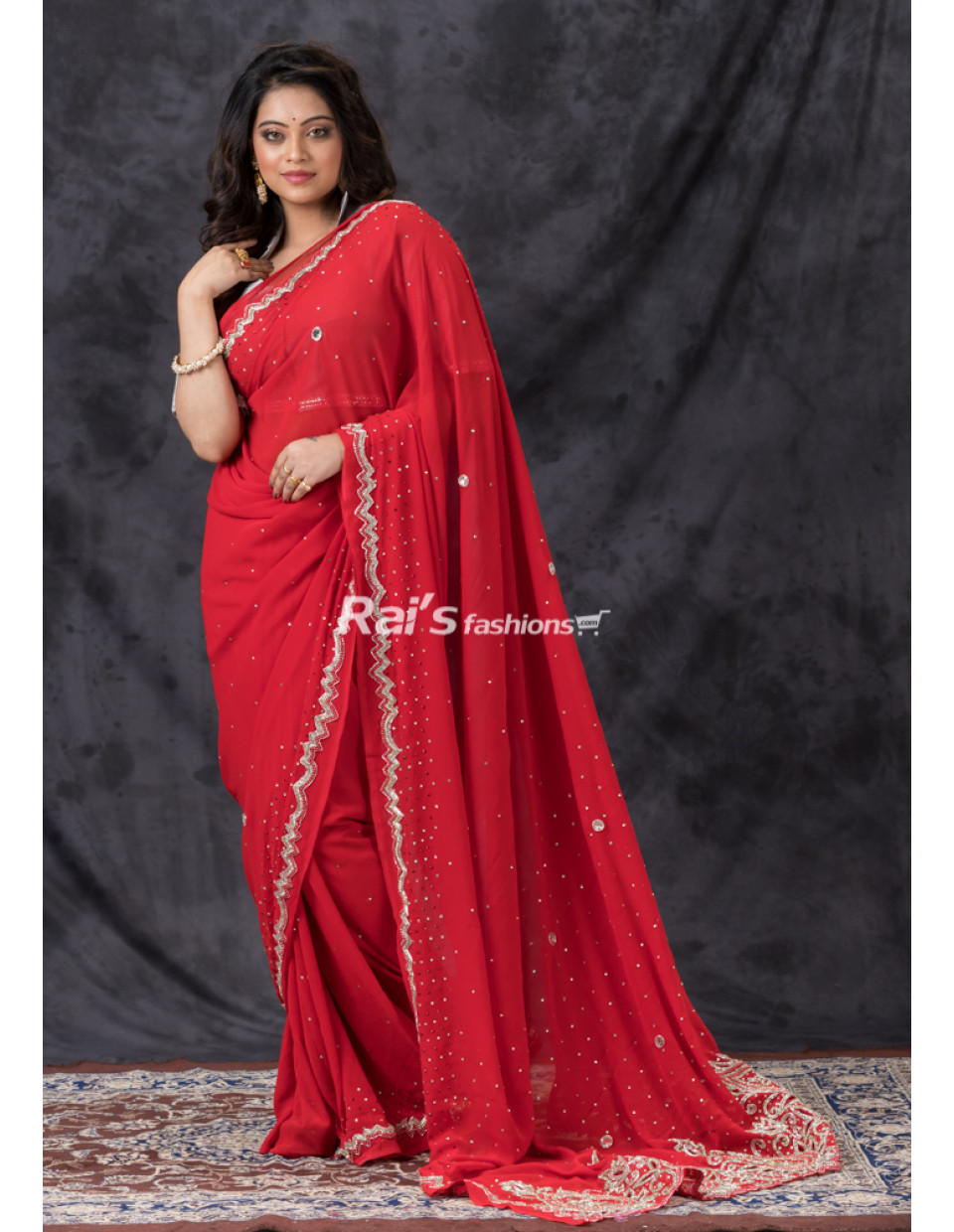 Pure Premium Quality Georgette Red Saree With All Over Heavy Stone Work (KR1287)