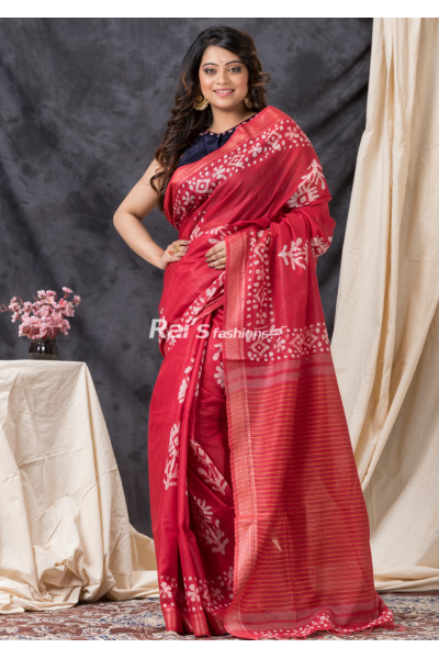 All Over Batik Printed Handloom Red Soft Silk Saree (KR1378)