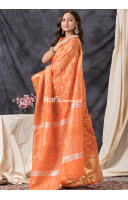 All Over Embroidery Worked Orange Silk linen Saree (KR1404)