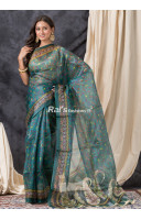 All Over Floral Printed Organza Silk Saree With Golden Lace Border (KR1408)