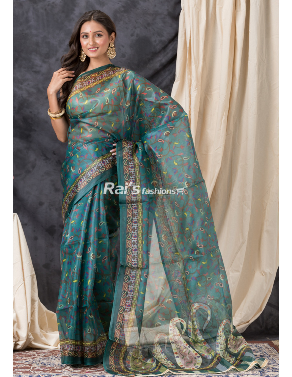 All Over Floral Printed Organza Silk Saree With Golden Lace Border (KR1408)
