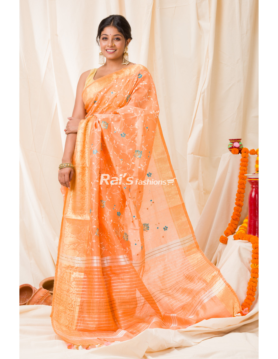 All Over Embroidery Worked Silk Linen Saree With Banarasi Butta Weaving Border (KR1071)