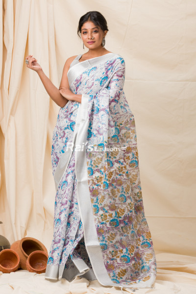 All Over Digital Printed Tissue Linen Saree With One Inch Silver Zari Border (KR1121)