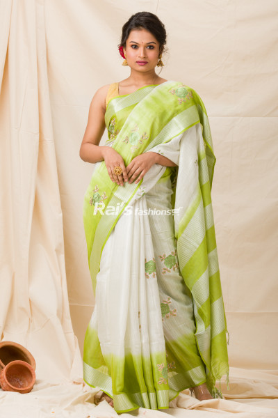 All Over Embroidery Butta Weaving And Strips Pattern Pallu Design Tissue Cotton Saree (KR1138)