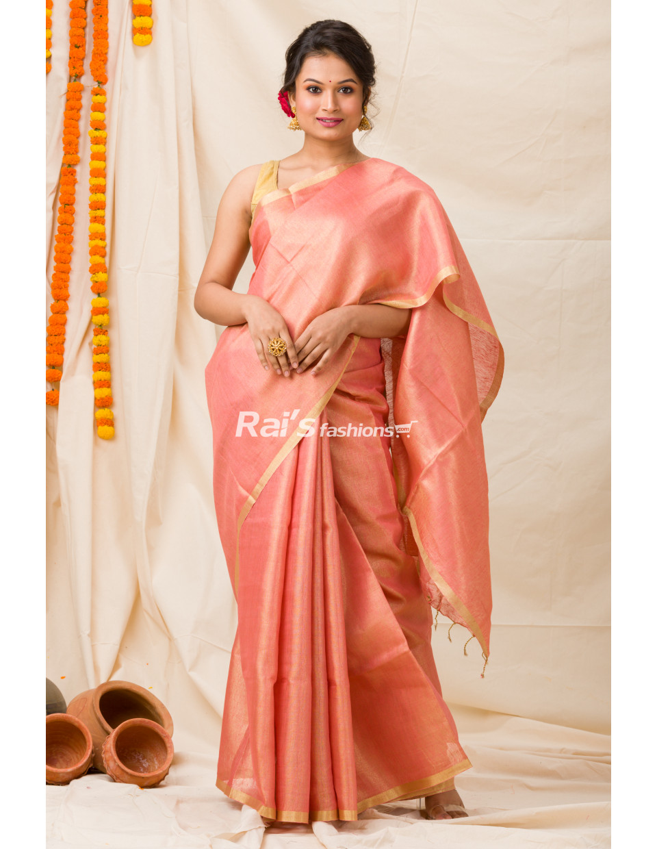Half Inch Golden Zari Border Design Tissue Linen Saree (KR1101)
