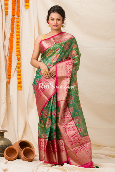 All Over Digital Printed Silk Linen Saree With Banarasi Worked Border And Pallu (KR1133)