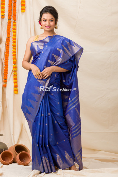 All Over Golden Butta Weaving Blue Soft Silk Saree With Temple Pattern Border (KR1141)