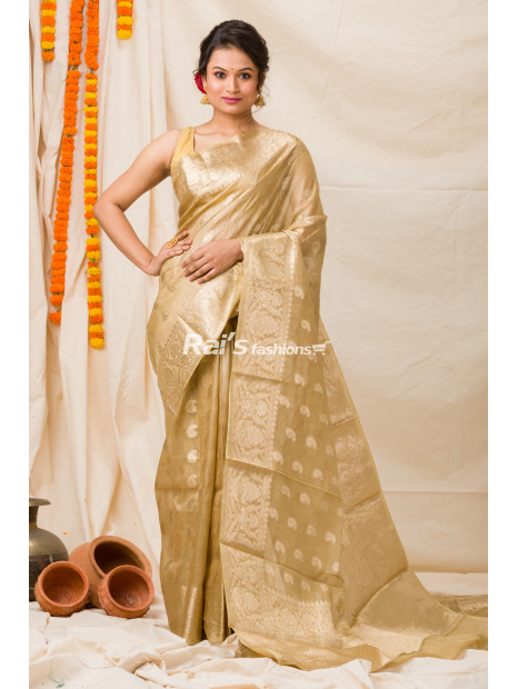 All Over Banarasi Work Design Beige Silk Linen Saree (KR1156)
