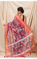 All Over Floral Printed Silk Linen Saree With Banarasi Worked Border (KR1118)