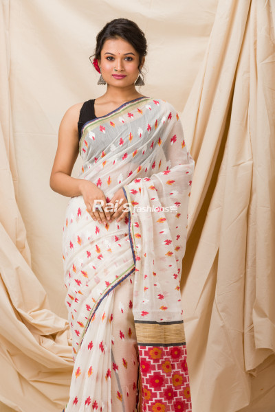 All Over Butta Weaving White And Red Cotton Silk Saree (KR1147)