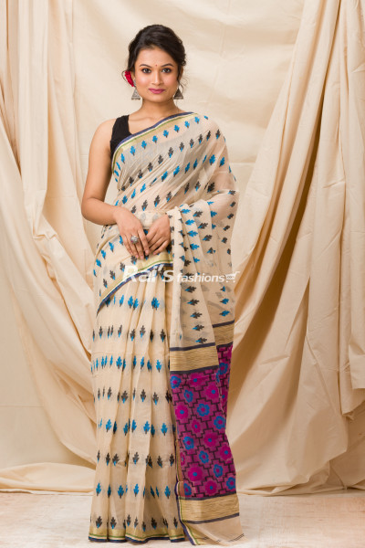All Over Butta Weaving Beige Cotton Silk Saree (KR1157)