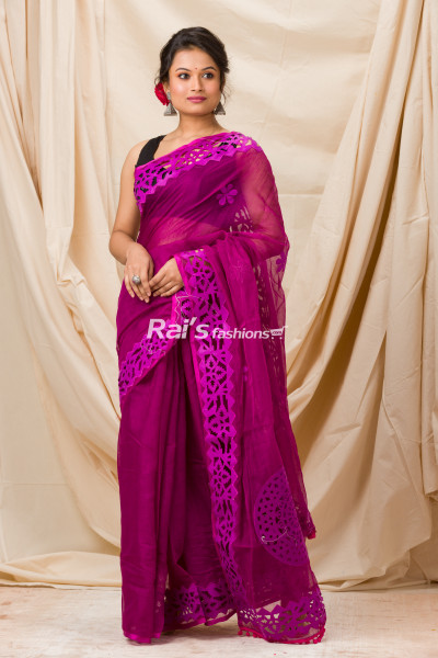 Cutwork Border And Pallu Design Magenta Cotton Silk Saree (KR1159)