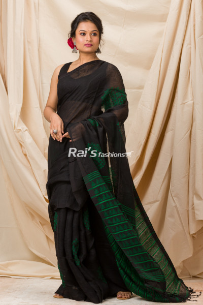 All Over Contrast Color Butta Weaving Linen By Linen Saree (KR1167)