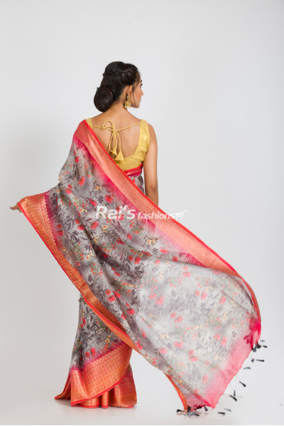 Silk Linen With Digital Print And Banarasi Work Border (RAI381)