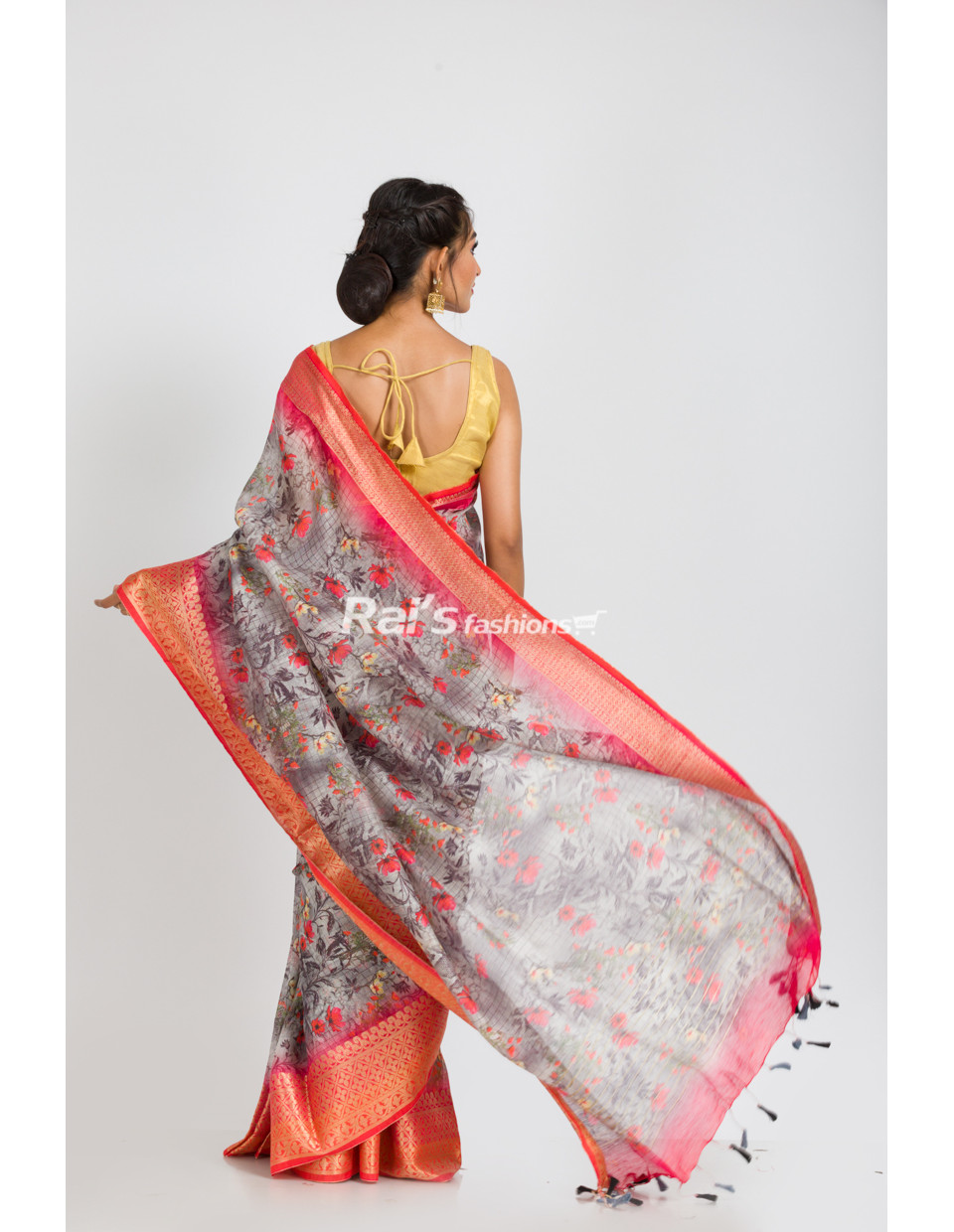 Silk Linen With Digital Print And Banarasi Work Border (RAI381)