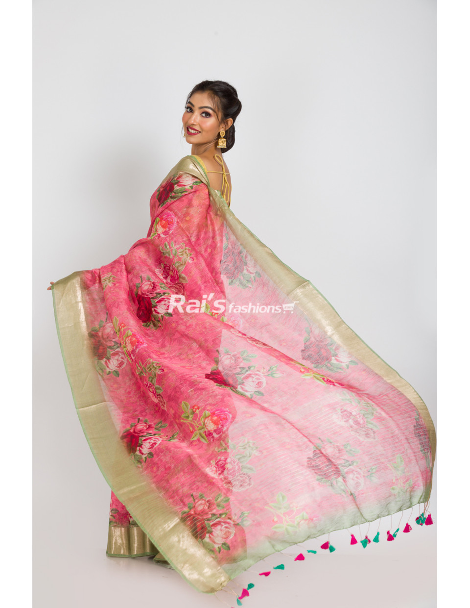 Premium Quality Silk Linen Saree With Digital Print All Over And Zari Weaving Border (RAI382)