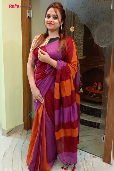 Handloom Khadi Cotton Saree With Multicolor Stripes Design (KR1399)