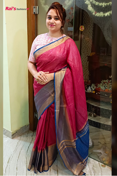 Linen By Cotton Saree With Net Weaving Wide Border Design (KR1214)