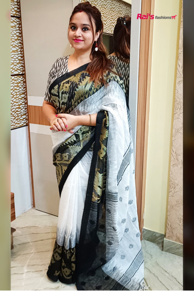 Natural Fabric Linen Saree With Zari Weaving Dhakai Ikkat Border Design (KR1171)