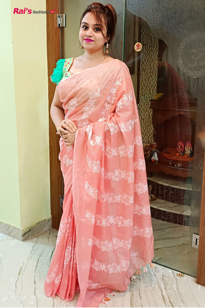 Semi Kathan Silk Saree With Kota Weaving Checks Base And Embroidery Design Work (KR1401)