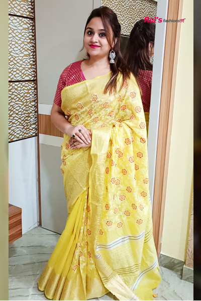 Silk Linen Saree With Embroidery Work (KR1077)