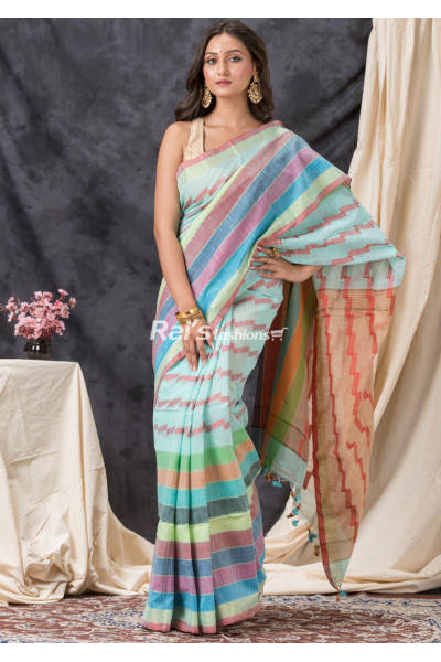 All Over Self Weaving Multicolor Border Design Handloom Cotton Silk Saree (KR1429)