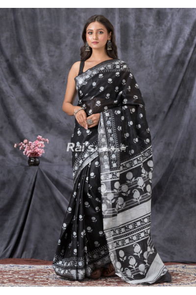 All Over Printed Black Soft Silk Saree (KR1437)