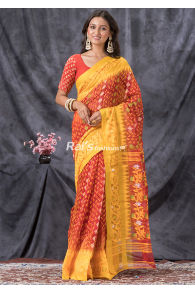 Contrast Color Border Design Soft Reshom Silk Dhakai Jamdani Saree (KR1452)
