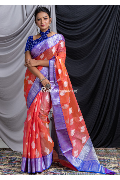 All Over Silver Butta Weaving Organza Silk Saree With Contrast Color Border (KR1440)