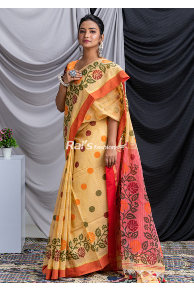 All Over Printed Blonde Yellow  Cotton Silk Saree (KR1453)