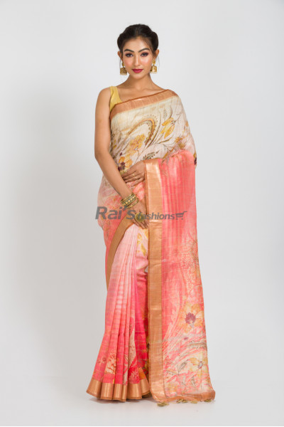 Premium Quality Silk Linen Saree With Digital Print All Over And Zari Weaving Border (RAI387)