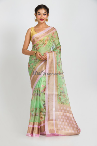 Handloom Soft Silk With Digital Print And Contrast Color Weaving Border And Pallu (RAI388)
