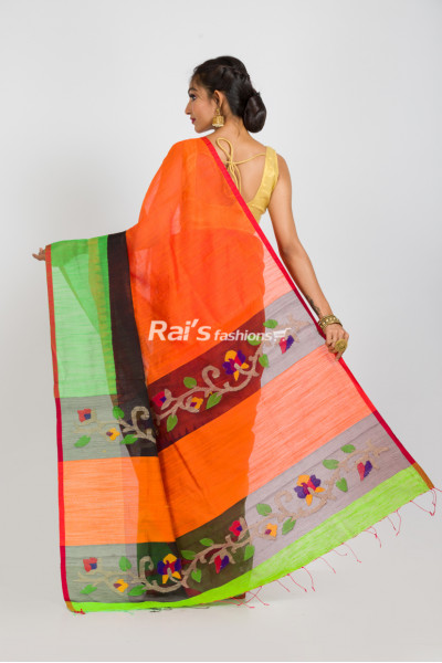 Handloom Matka Silk Saree With Traditional Jamdani Work Pallu And Contrast Color Border (RAI389)