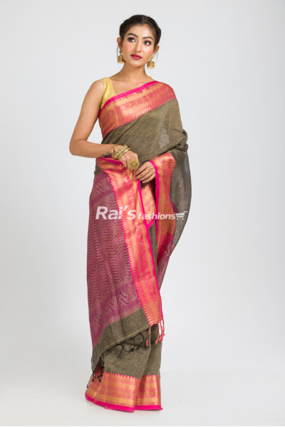 Pure Handloom Linen By Linen Saree With Benarasi Weaving Work (RAI390)