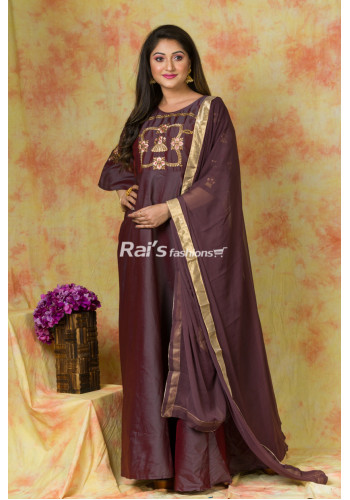 Wine Shade Silk Material Designer Long Gown Dress With Dupatta (RAI474)