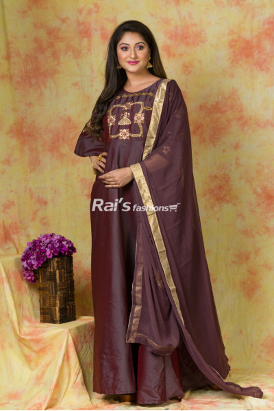 Wine Shade Silk Material Designer Long Gown Dress With Dupatta (RAI474)