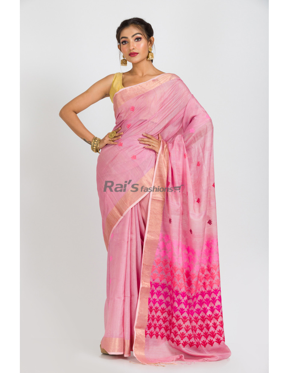 Handloom Pure Tussar Silk Saree With Handweaving Butta Work All Over And Heavy Worked Pallu (RAI264)