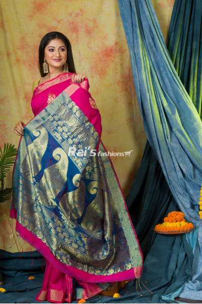 Handloom Cotton Silk Saree With Fine Handweaving Heavy Benarasi Work Butta And Pallu (KR300)