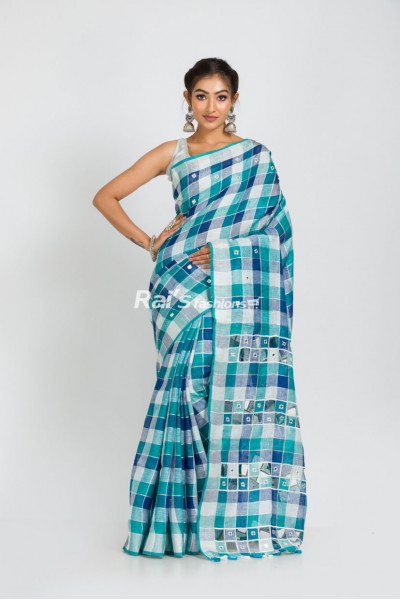 Handloom Fine Linen By Linen Checks Saree With Mirror Design Worked Pallu (RAI278)
