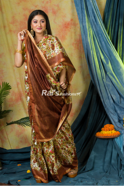 Premium Quality Printed Pure Chanderi Silk Saree With Zari Border (KR322)