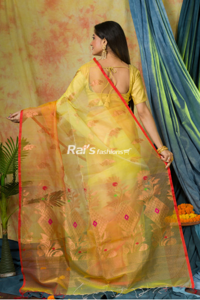 Pure Muslin Silk Saree With Fine Handweaving Zari Jamdani Work All Over And Contrast Color Highlighted Border (KR308)
