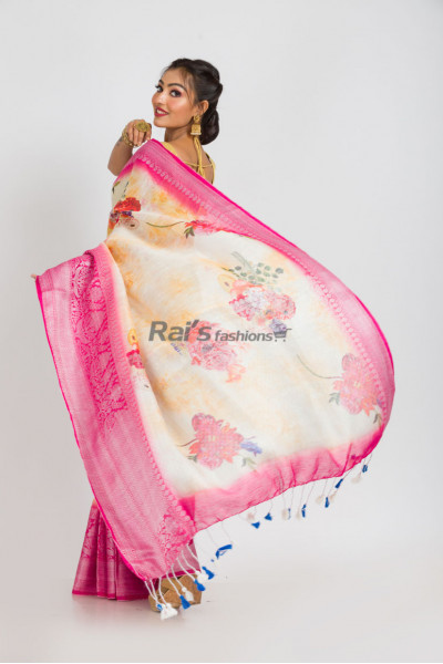 Premium Quality Silk Linen Saree With Digital Print All Over And Zari Weaving Border (RAI279)