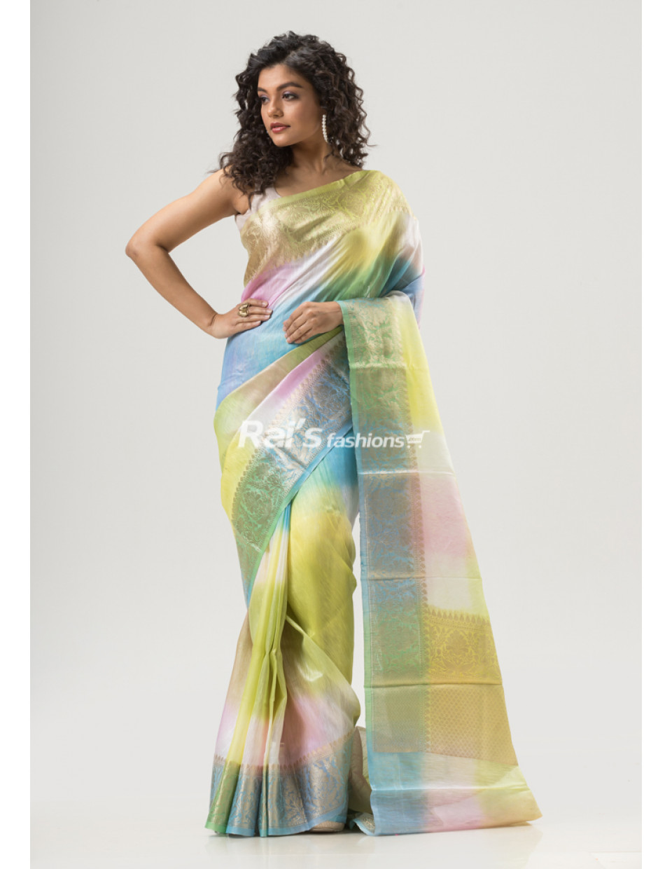 Silk Linen Banarasi Border Design Rainbow Dye Saree (KR1609)