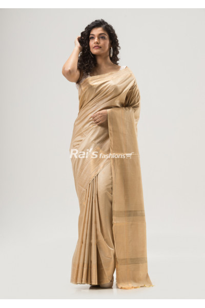 All Over Golden Butta Weaving Beige Soft Silk Saree With Temple Pattern Border (KR1622)